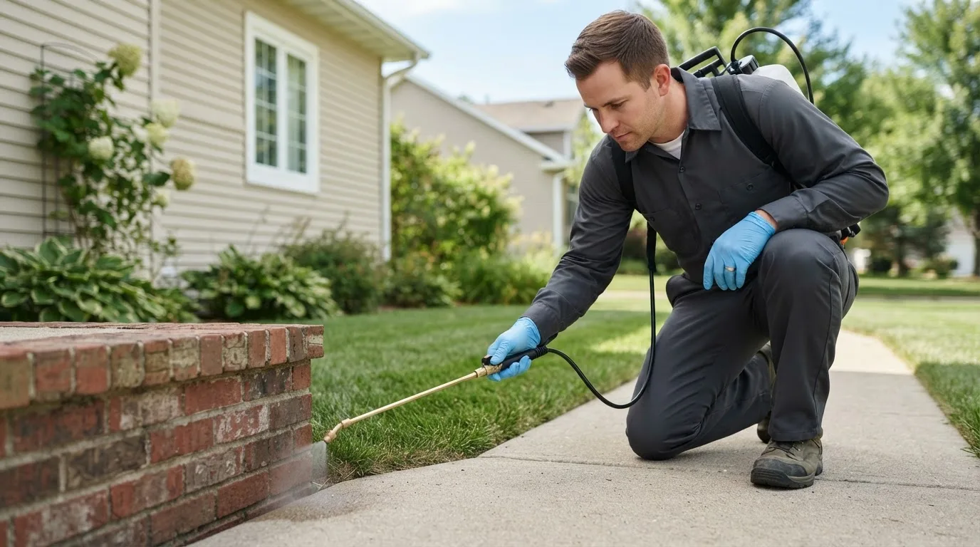 Pest control technician treating a home near Wayland, OH